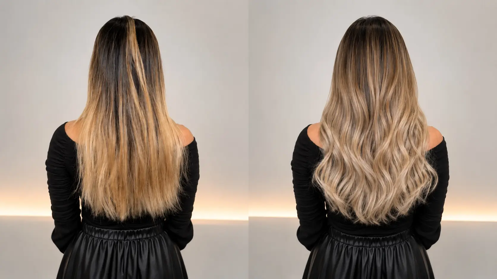 Balayage Vorher-Nachher Mit Weichen Blondverläufen Balayage Vorher-Nachher Mit Weichen Blondverläufen, Natürlicher Helligkeit Und Kontrollierter Tonalität Bei Unison In München Und Poing.