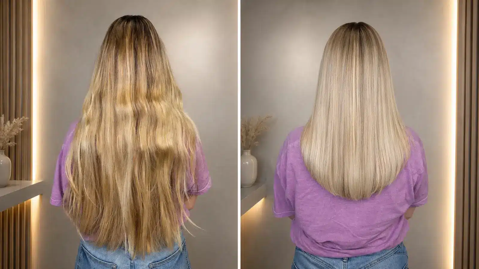 Blond Gefärbtes Haar Auffrischen – Strähnen Oberkopf Blond Gefärbtes Haar Im Vorher-Nachher-Vergleich Nach Einer Auffrischung Mit Strähnen Am Oberkopf Bei Unison.