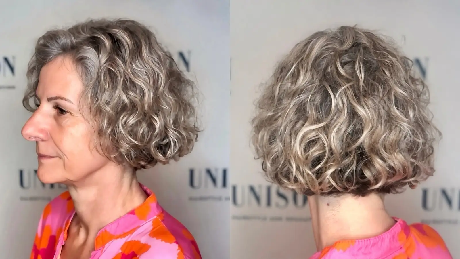 First Blending In Der Grey Blending Technik | Unison Grey Blending Technik Als First Blending Mit Kühlerem Blond Und Integriertem Naturgrau In Einem Lockigen Bob