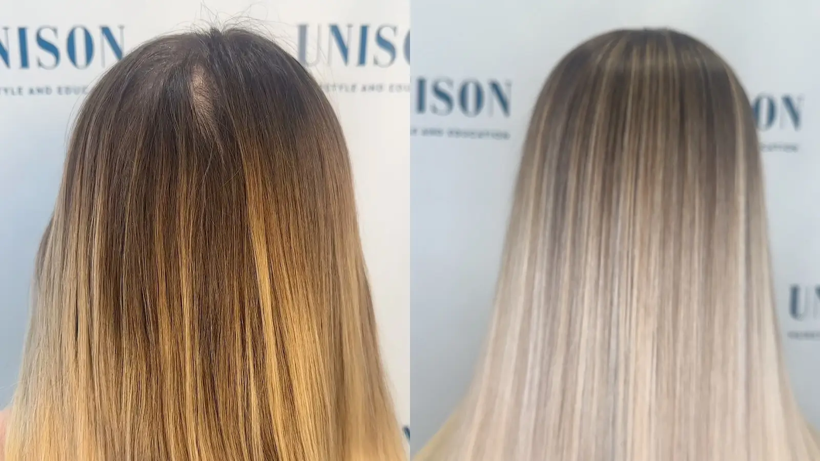 Balayage Vorher-Nachher – Kühles Blond Mit Weichem Ansatz Balayage Vorher-Nachher: Warme Ausgangsfarbe Zu Kühlem Blond Mit Weichem Ansatzverlauf