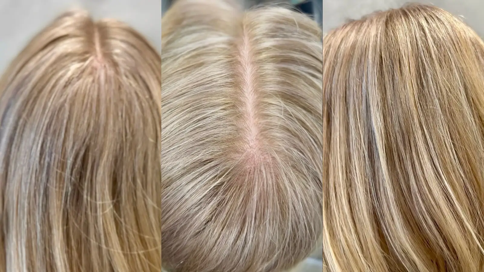Grey Blending Technik: Integriertes Grau Bei Verschiedenen Haarlängen | Unison Grey Blending Technik In Nahaufnahme Mit Integriertem Grau Bei Kurzen, Halblangen Und Langen Haaren